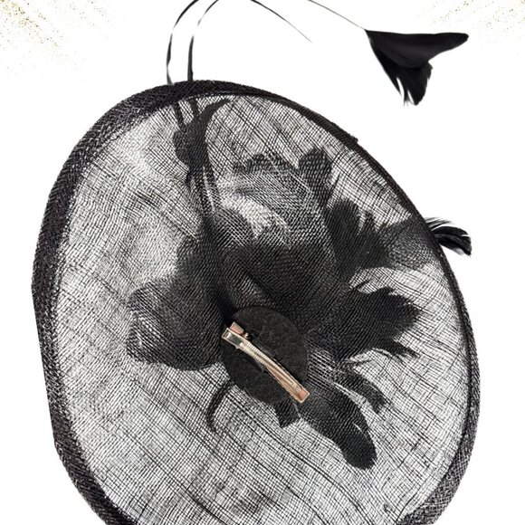 Sinamay Black Fascinator with Feathers Wedding , Elegant Party, Ballroom Costume - Picture 3 of 4